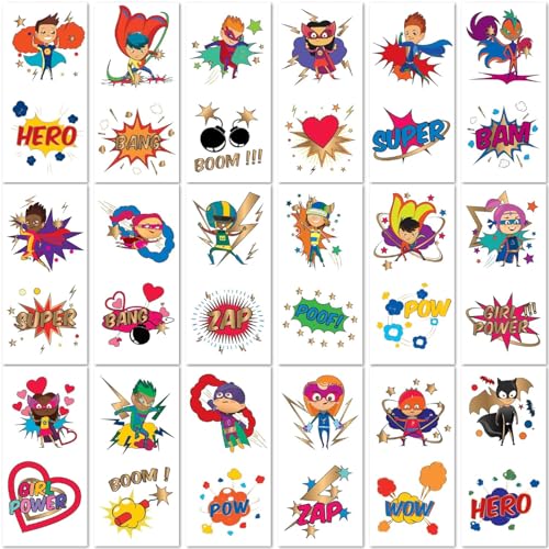 PapaKit 36 Pc Superhero Temporary Tattoo Set - 18 Individually Wrapped Sheets | Birthday Party Favors, Classroom Rewards, Goodie Bag Fillers