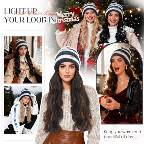 Hairro Beanie Wig Hat with Synthetic Hair - Winter Warm Knitted Cap for Women, 18" Blue & White Variation