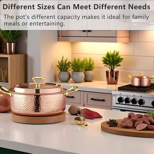 6.7QT Copper Rose Gold Hammered Stock Pot with Lid - Tri-Ply Stainless Steel, Dishwasher & Oven Safe