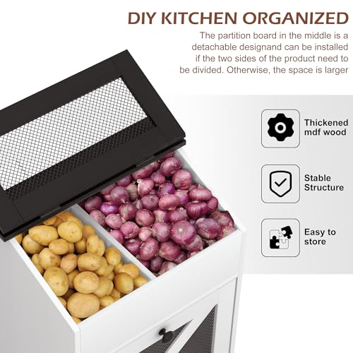 Wooden Potato and Onion Storage Bin with Lid - White, Large Capacity & Ventilated Kitchen Organizer