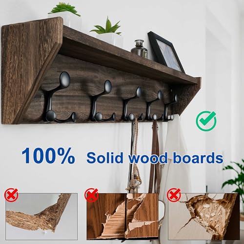 35-Inch Wall Mount Coat Rack with Shelf and Triple Hooks - Weathered Brown