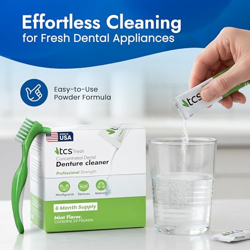 Dental Appliance Cleaner Powder Set with Bristle Brush - 24 Pack - Mint - 6 Month Supply