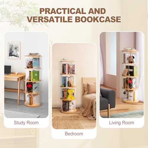 4-Tier Natural Round Rotating Bookshelf - 360° Spinning Book Tower with Solid Wood & Clear Acrylic