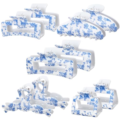 Blue Floral Hair Claw Clips Set - Large Hair Accessories for Women, 10 Pieces - Blue