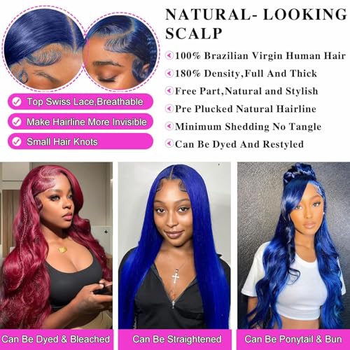Blue Lace Front Wig Human Hair Body Wave 20 Inch Glueless Pre Plucked with Baby Hair - Navy Blue 13x4 HD Lace Frontal Variation of THIS listing
