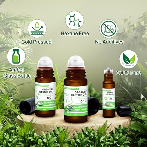 3-in-1 Castor Oil Roll on for Eye,Face,Body Skin,Certified Organic Cold Pressed Castor Oil Roller ball unrefined Glass Bottle,Precise & Mess-Free Application & Travel Friendly