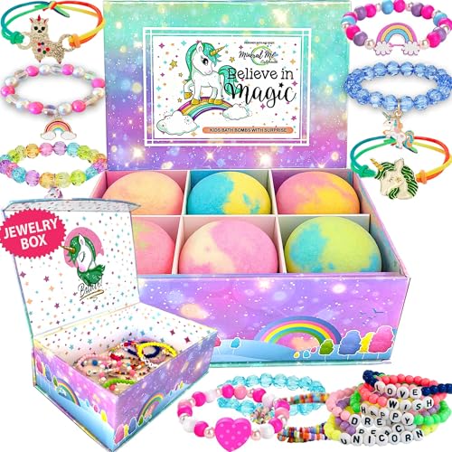 Unicorn Bath Bombs for Kids with Surprise Jewelry - 6 Pack, Organic & Scented