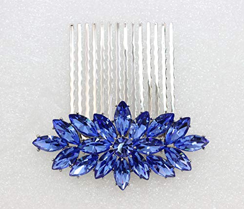 Blue Rhinestone Crystal Floral Hair Comb - Bridal & Special Occasion Accessory