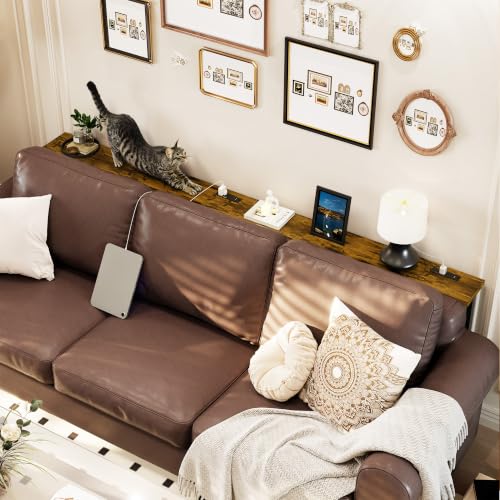 102 Inch Narrow Sofa Table with Power Outlets - Rustic Brown, Extra Long Console Behind Couch