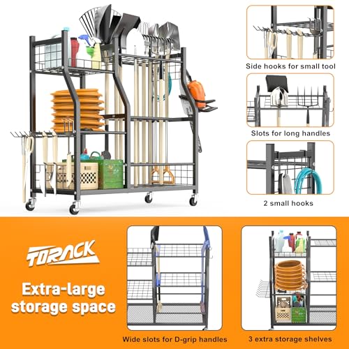 Garden Tool Organizer with Wheels - Rake & Shovel Storage Stand with Shelves - Variation: Tool Stand with Extra Shelves