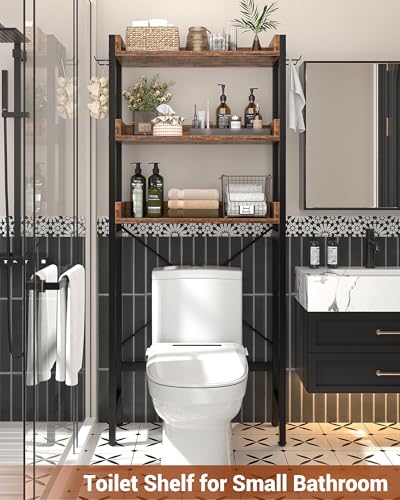 Over-The-Toilet Bathroom Storage Rack 3-Tier Rustic Brown Organizer Shelf with Hooks
