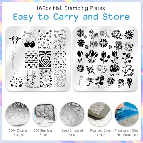 28PCS Nail Stamping Kit with 16 Plates, 8 Gel Polish Colors & Stamper - Nail Art Set
