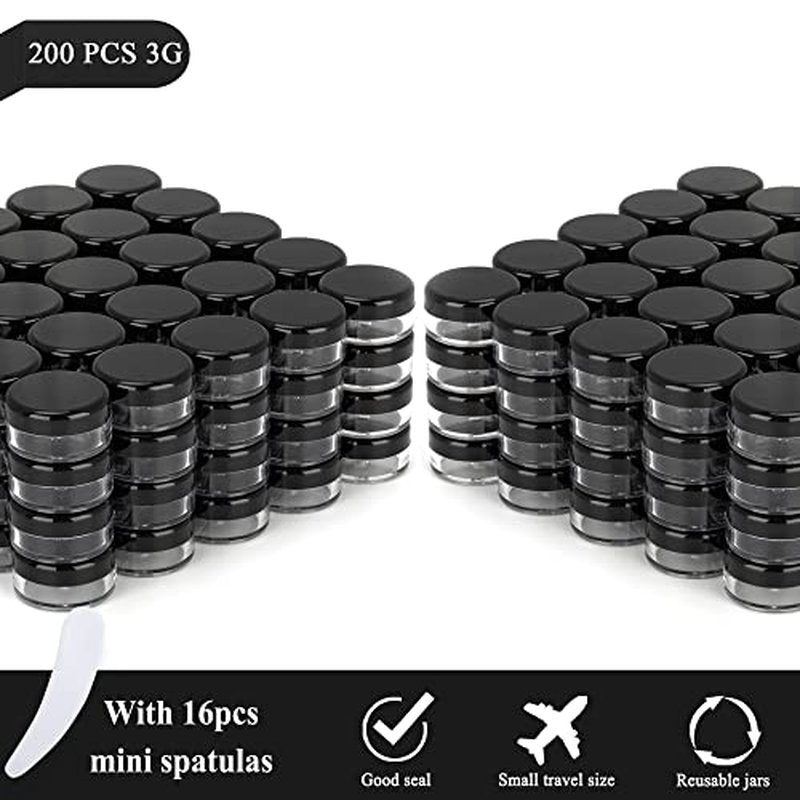 200PCS 3 Gram Sample Containers, 3ml Empty Jars with Lids, Small Cosmetic Containers, Mini Sample Jars with 16PCS Mini Spatulas for Make Up, Oils, Lotion, Powder, Paint, Jewelry, Lip Balms(Black Lid)