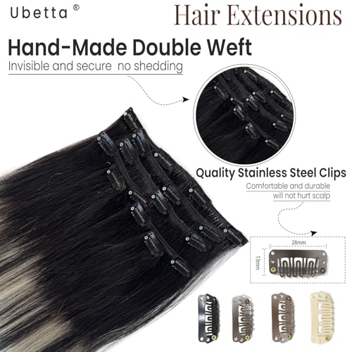 Clip in Hair Extensions - 16 Inch Ombré Black Silver Balayage - 7 pcs Remy Human Hair