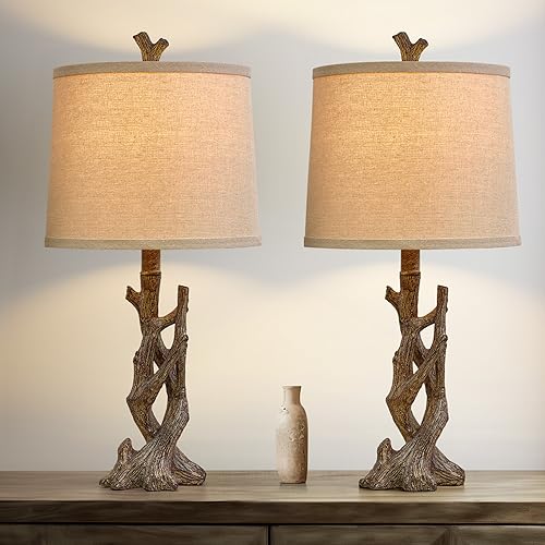 Rustic Farmhouse Table Lamp Set - Twig Dark Brown with Oatmeal Shade for Bedroom & Living Room