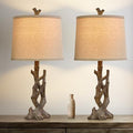 Rustic Farmhouse Table Lamp Set - Twig Dark Brown with Oatmeal Shade for Bedroom & Living Room