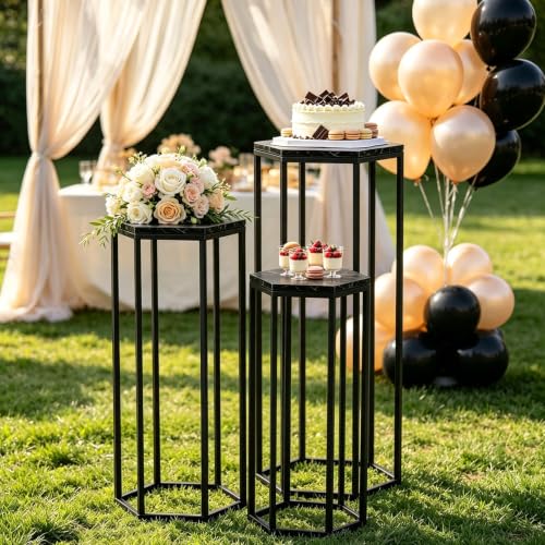 Black Hexagon Metal & Wooden Marble-Pattern Party Stand Set of 3 - Urban Deco