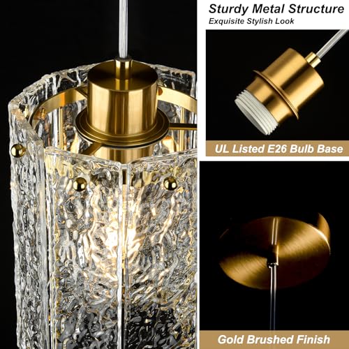 Gold Pendant Lights for Kitchen Island Water Ripple Glass Modern Chandelier 2 Pack