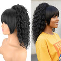 20 Inch Black Curly Ponytail Extension with Bangs - Drawstring Wavy Hairpiece for Women