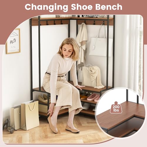 GIANTEX Walnut & Black Corner Coat Rack with Bench & Shoe Storage - L-Shaped Hall Tree