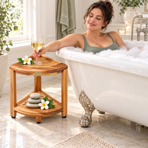 Corner Shower Stool with Shelf - Solid Teak 2-Tier Teak Shower Corner Shelf