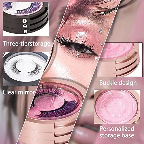 Eyelash Storage Box-2 Pack Eyelash Holder Case with Mirror 3Layers Circle Eyelash Box with Lash Holder Empty Makeup Case Travel for Women and Girls£¨Rose Gold)£©