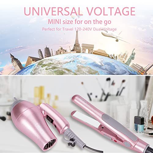 Travel Hair Dryer and Flat Iron Set with Compact Case - Dual Voltage Mini Styling Tools