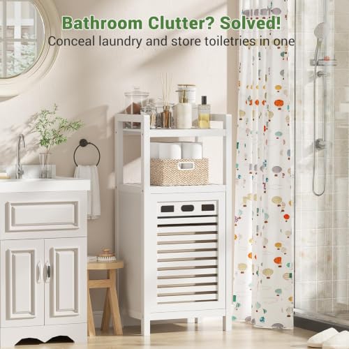 Homykic Bamboo Tilt Out Laundry Hamper Cabinet with Removable Bag - White, Space-Saving Design