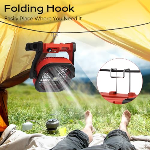 Fallinep Red Milwaukee M18 Battery Operated Fan with USB-C/USB-A, 4 Speeds, 270° Pivot, Hook & LED Light (Cordless Camping Fan) - No Battery