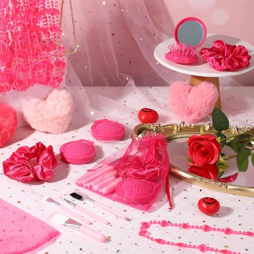 Pink Girl Party Favors Girl Makeup Party Favor Party Supplies Set Includes Pink Gauze Bags, Hair Scrunchies, Foldable Mirror Hair Brushes, Makeup Brushes Toys(96 Pcs)