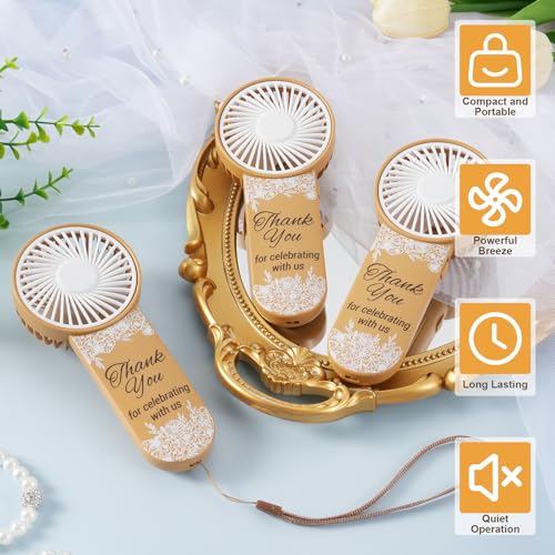 Brown Mini Electric Handheld Wedding Fans Pack of 50 with Thank You & Flower Patterns