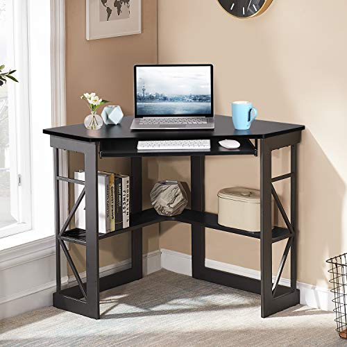 VECELO Corner Computer Desk 41 x 30 Inches with Keyboard Tray & Storage Shelves - Black