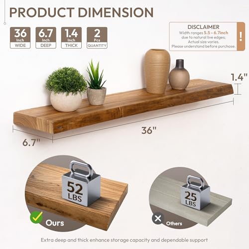 Natural Live Edge Wood Floating Shelves 36 Inch Wall Mounted 2 Pack
