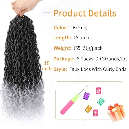 Goddess Locs Crochet Hair 18 Inch Faux Locs for Black Women - 6 Packs, 1B/Grey Variation