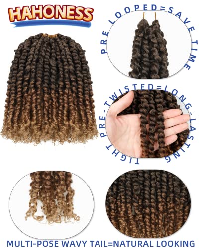 Pre-twisted Passion Twist Crochet Hair 10 Inch 8 Pack Ombre Black Blonde Brown - Soft & Bouncy Synthetic Extensions T1B/30/27
