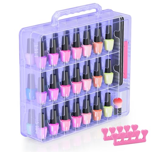 Beloving Purple Nail Polish Organizer Case for 48 Bottles with Adjustable Dividers - Transparent, Portable, Double-Sided