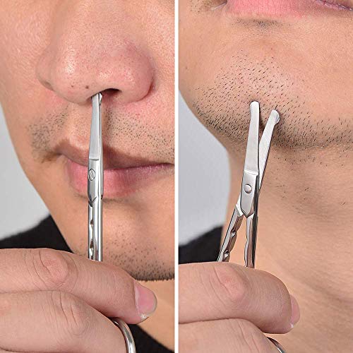 Professional Stainless Steel Curved Rounded Facial Hair Scissors Tweezers Set For Men Moustache, Nose Hair, Beard Trimming Scissors,Safety Use for Eyebrows,Eyelashes,Ear Hair - PU Leather Bag