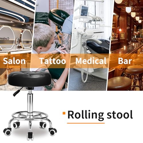 Rolling Stool PU Leather Round - Ultra Soft Padded Seat Cushion Stool with Wheels with Footrest, Weight Capacity 300lb,Adjustable Height Stool for Tattoo Massage Salon Medical Spa Center (Jet Black)