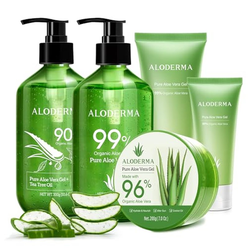 All Purpose Aloe Vera Gels Set - 6 Pieces - 300g Aloe Vera Gel, 300g Aloe Gel + Tea Tree Oil, 2pcs x 200g Gel, 114g & 45g Gels