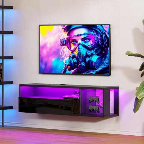 40-Inch Black Floating Wall-Mounted LED TV Stand with Lights - SogesPower