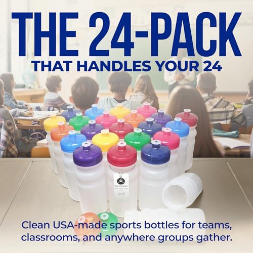 Reusable 20oz Water Bottles with Wide Mouth & Variety Lid - 24 Pack, BPA-Free, Dishwasher Safe, Break-Resistant, Made in USA, Frost Clear