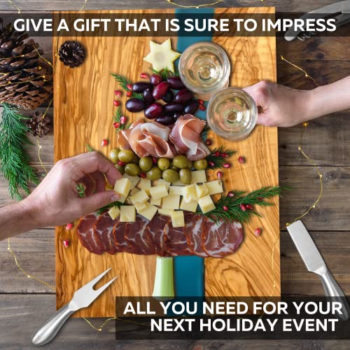 Italian Olive Wood Cheese & Charcuterie Board Set with Blue Resin Artwork - Includes 4 Knives, Dipping Bowls & Corkscrew (Blue)