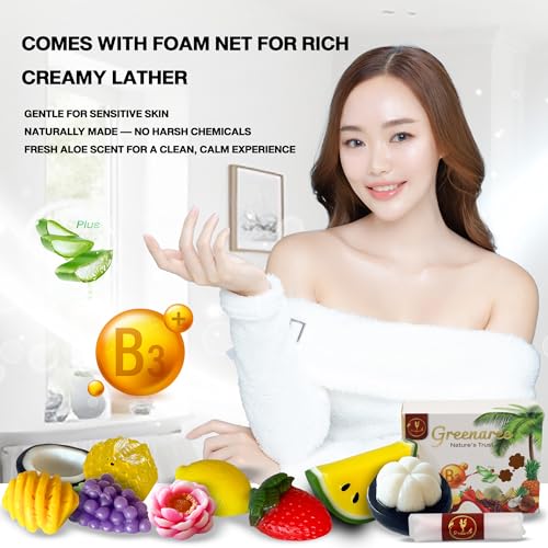 Fruit & Flower-Shaped Natural Soap Bar with Vitamin B3 & Aloe Vera ? Moisturizing, Gentle for Sensitive Skin, Includes Foam Net, Handmade in Thailand ? Body & Hand Use (1 Bar)