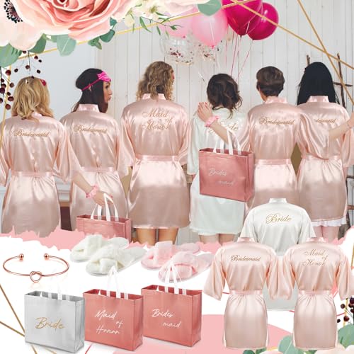 Bride and Bridesmaids Robes Set with Slippers & Accessories - White, Pink - 6