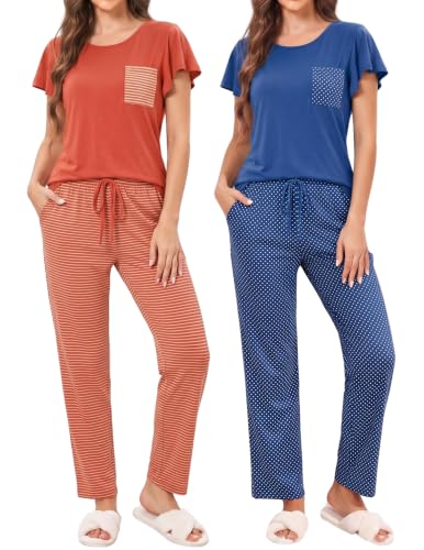Ekouaer 2-Piece Pajama Set for Women Red Stripes & Blue Polka Dots XX-Large