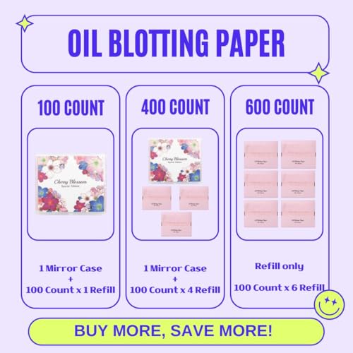 [600 Counts Refills Only] Cherry Blossom Natural Oil Blotting Sheets for Face with Mirror Case and Refills
