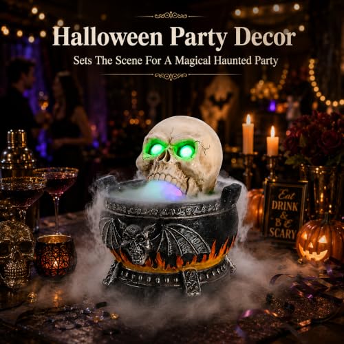 Halloween Skull Fog Machine with Glowing LED Eyes - Cauldron Mist Maker, Skull Cauldron Variation