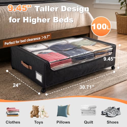 Extra Large Under Bed Storage Box with Wheels - 100L, Black, 30.7" x 24" x 9.5"