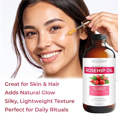 Velona Rosehip Oil - 16oz Cold Pressed Facial & Body Skin Oil with Pump