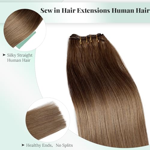 Ash Brown Human Hair Weft Extensions 22 Inch 120G Hand Tied Sew-In